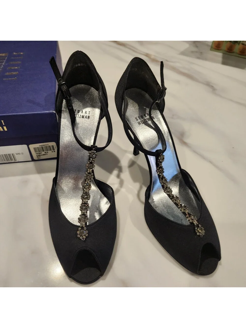 New Stuart Weitzman Fabulosity Black Satin Crystal T-Strap Heels Size 9